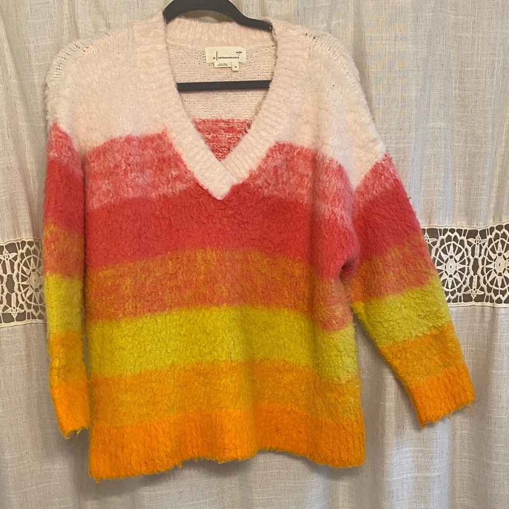 LAST CALL  Anthropologie Multicolor Stripe Fuzzy V-Neck Sweater, Sz M-